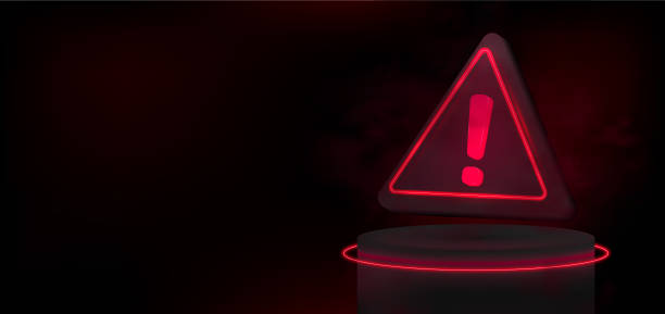 3d 빨간색 삼각형 경고 표시가 있는 어두운 배너 - error message flash stock illustrations