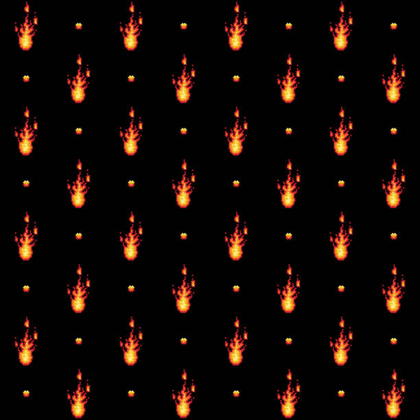 illustrations, cliparts, dessins animés et icônes de motif homogène 8 bits pixel style flamme incendie isolée sur fond noir - computer icon black and white flame symbol