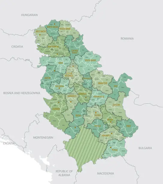 Vector illustration of Detailed map of Serbia with administrative divisions into Districts, Municipalities and cities, major cities of the country, vector illustration onwhite background