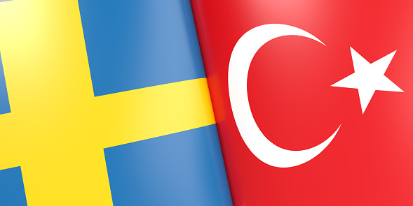 Turkey is blocking NATO’s expansion concept: Türkiye and Sweden national flag background with copy space. Discussion about the commitments of the Nordic countries for their bid to join NATO. Horizontal illustration design in 3D.