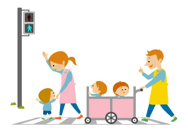 Vector illustration of Traffic safety Illustration material of nursery school children crossing the pedestrian crossing