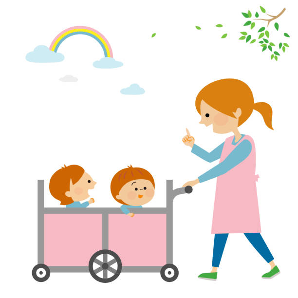 ilustrações de stock, clip art, desenhos animados e ícones de nursery school illustration material of children going for a walk - rainbow preschooler baby child