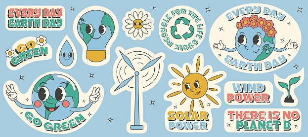 Y2k groovy earth day cartoon sticket set. Environmental protection. Save green planet and ecology concept. Slogans and phrases
