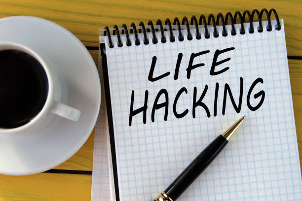 istock LIFE HACKING - words on a white sheet on a yellow wooden background with a pen and a cup of coffee 1471990921