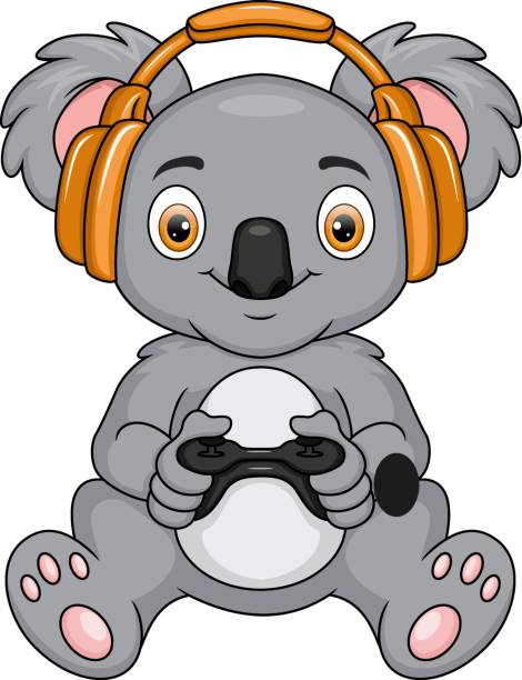 ilustrações de stock, clip art, desenhos animados e ícones de cute koala cartoon playing game with headphone - safari animals audio