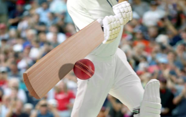 Cricket players batsman hitting ball in a stadium. stock photo