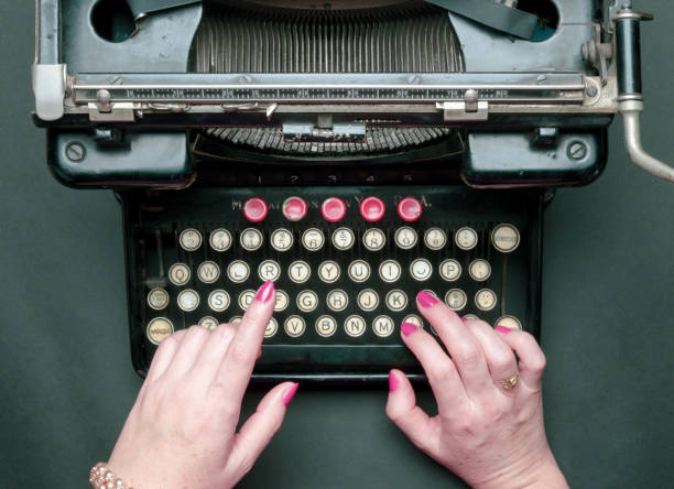 woman's hands typing on a vintage typewriter detail, interesting object, mix of art, culture and historical engineering. - typewriter journalist newspaper obsolete imagens e fotografias de stock