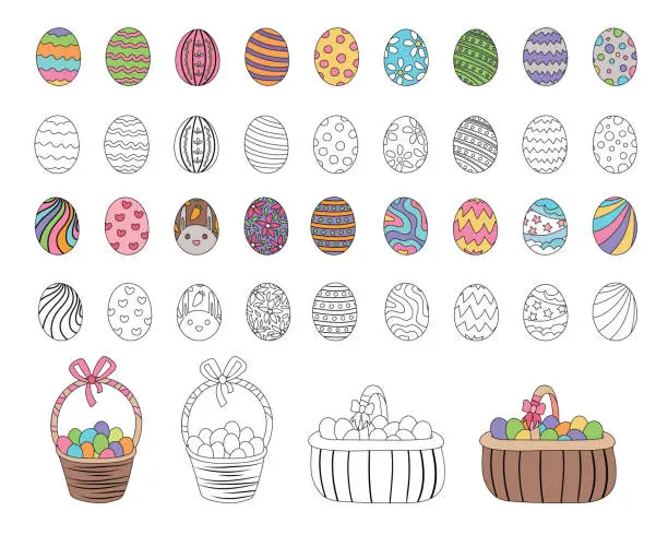 Vector illustration of Set of colorful decorated Easter eggs, flat color with black outlines and black and white version, vector holiday celebration illustrations, isolated on a white background.