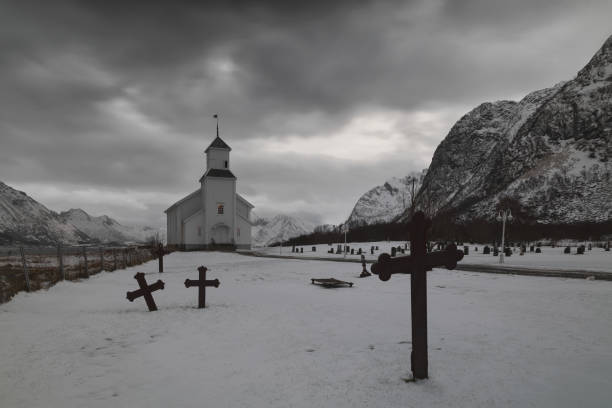 Gimsoy Kirke, Norway church at Lofoten in Gimsøysand, Nordland, Norway