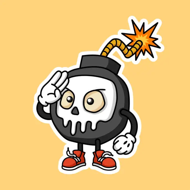 Vector illustration of Cute Skull Face Bomb Cartoon Character Premium Vector Graphics In Stickers Style