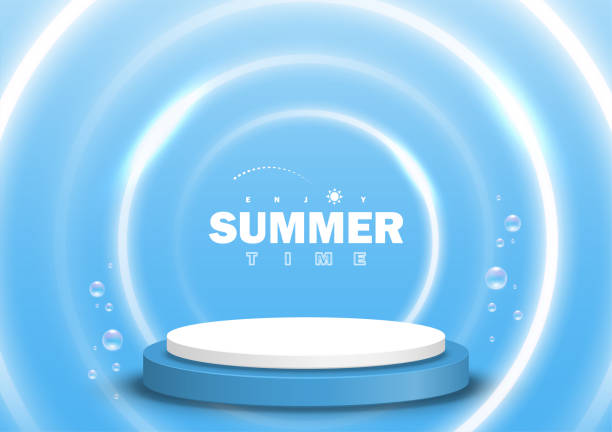 Blue background design 3d stage with circle neon light and soap bubbles. Pedestal podium for product display. Abstract background. Blue summer background. Vector illustration. Blue background design 3d stage with circle neon light and soap bubbles. Pedestal podium for product display. Abstract background. Blue summer background. Vector illustration. background studio water stock illustrations