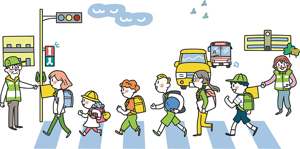 Elementary school students who go to and from school energetically under the supervision of traffic guidance volunteers Illustration material