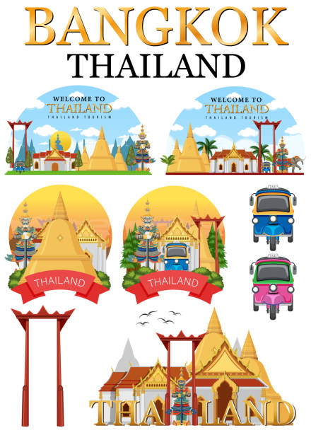 방콕 태국 랜드마크 로고 배너 - thailand thai culture travel buddha stock illustrations