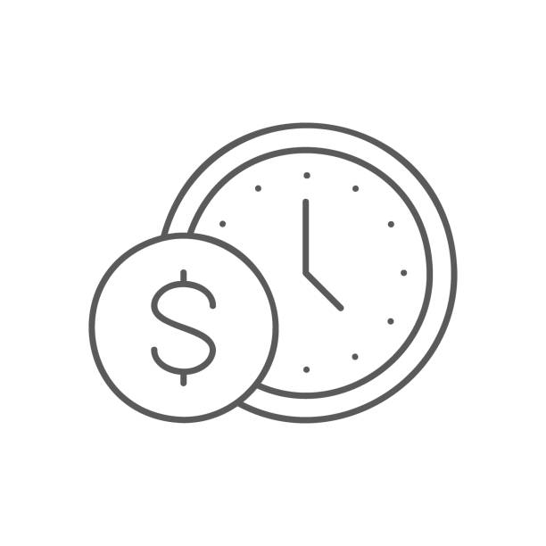 zegar z monetą, czas to pieniądz, wypłata pożyczki, ikona szybkich pieniędzy liniowych. projekt symbolu zarządzania czasem. - second place illustrations stock illustrations