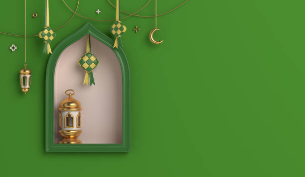 istock Islamic decoration background with mosque window, ketupat, lantern, crescent, cartoon style, ramadan kareem, mawlid, iftar, isra  miraj, eid al fitr adha, muharram, copy space, 3D illustration. 1472014626