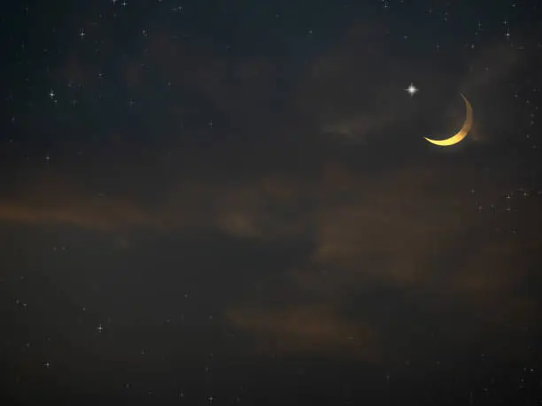 Ramadan Background Symbols,Crecent Moon with Star on Black Night Sunset Landscape,Design Celebration Arabic Muslim Religion,Traditional Mubarak New Year Muharram,Eid-Al-Adha Holy God Concept.