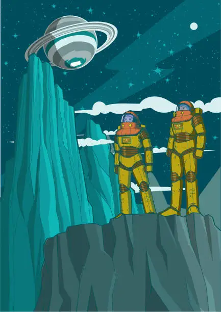 Vector illustration of Vector Sci-fi Astronaut on a New Planet Poster Stock Illustration