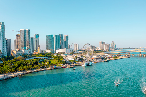 rowing Miami skyline in frame with famous destination spot for tourists and skyview ferris wheel