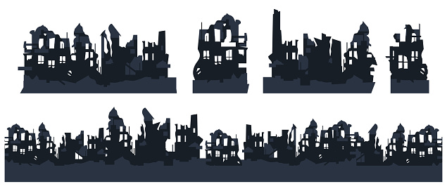 War destroyed the buildings of the city. Ruins set illustration. Vector EPS 10