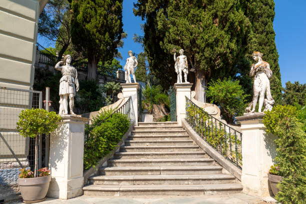 Staircase in the Achilleion, Corfu Outside staircase in the garden of the Achilleion on the island of Corfu corfu holiday palace stock pictures, royalty-free photos & images