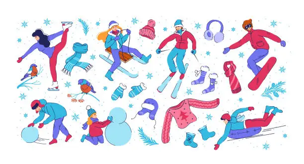 Vector illustration of Winter people clothes. Snow Christmas activity. Cozy garment. Doodle holidays family leisure. Warm hat and scarf. Children sweater and mittens. Cold weather. Vector illustration collection