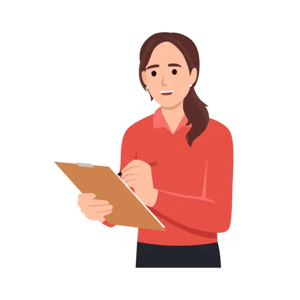 Vector illustration of Young woman holding clipboard and writing. Vector illustration in cartoon style.