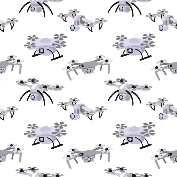 Vector illustration of Drone camera pattern. Digital technology. Delivery innovation. Web robots. Radio air vehicle. Flying copter. Remote unmanned aerial machine with propellers. Vector seamless background