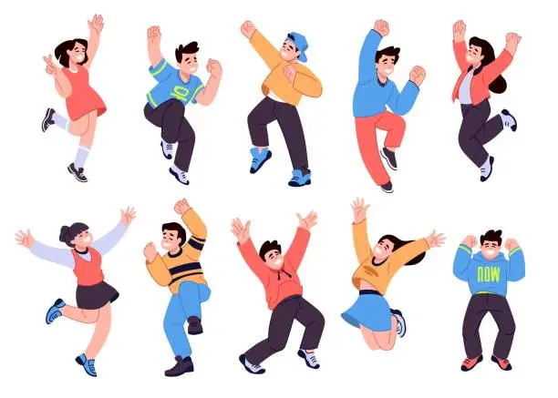 Vector illustration of Happy teenagers. Celebrate people, characters have fun. Young man and woman persons on party, birthday celebration. Boys and girls jumping and smiling. Vector cartoon flat style concept