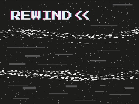 VHS rewind. Glitch video distortion effect. Videotape play noise. Player interface with arrow sign. Television videogame pixels. Grainy black display screen. Dark abstract background. Vector concept