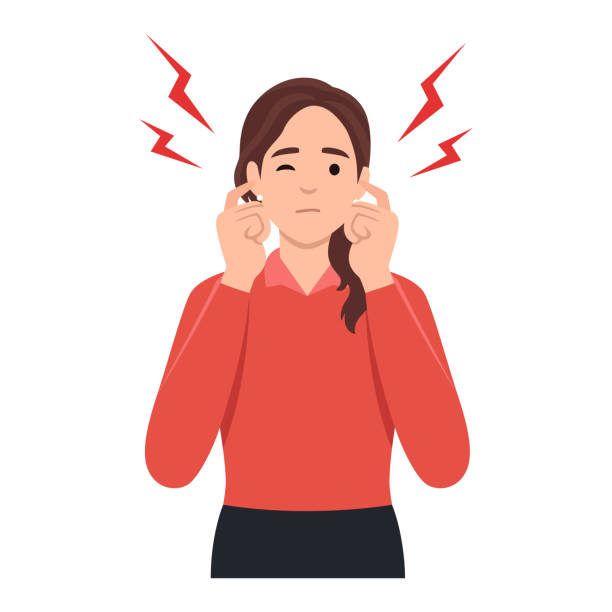 Young woman covering ears and silence concept. Young sad irritated woman cartoon character standing covering her ears with fingers. Young woman covering ears and silence concept. Young sad irritated woman cartoon character standing covering her ears with fingers. Flat vector illustration isolated on white background ears white background stock illustrations