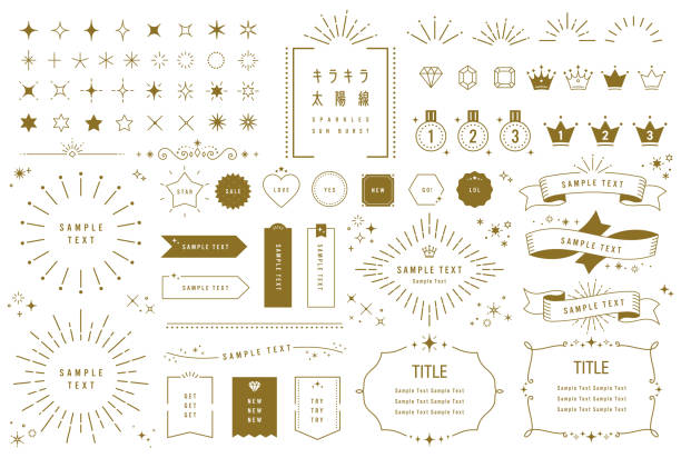 illustrations, cliparts, dessins animés et icônes de paillettes dorées et conception de rayons de soleil. jeu de cadres d’illustration vectorielle. collection d’éléments de conception. (traduction : paillettes, rayons du soleil) - décoration de fête