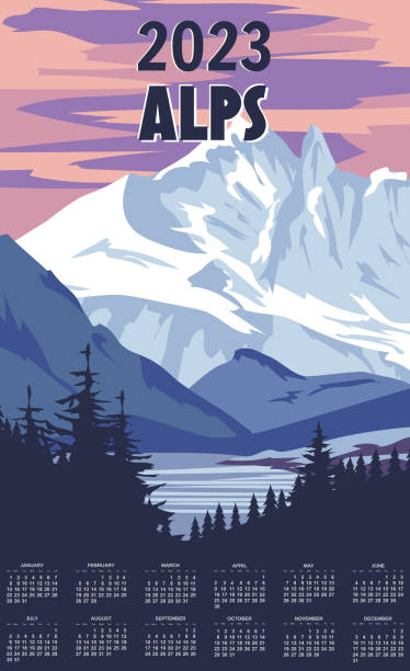 ilustrações, clipart, desenhos animados e ícones de calendário mensal 2023 ano alps ski resort poster, retro. cartão de viagem mont blanc winter - trois vallees illustrations