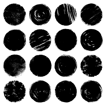 Circles set. Black painted circles. Grunge texture backgrounds. Vector design elements. Isolated circles on white background
