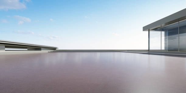 istock 3d render of abstract futuristic architecture with empty concrete floor. 1472028530