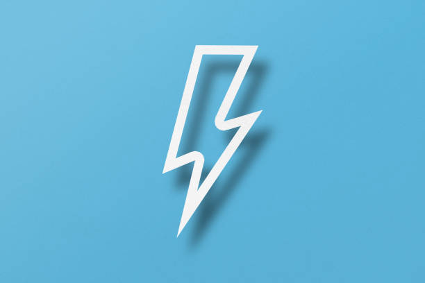 istock Paper cut lightning shape, lightning with light and shadow. Placed on a light blue paper background. 1472028853
