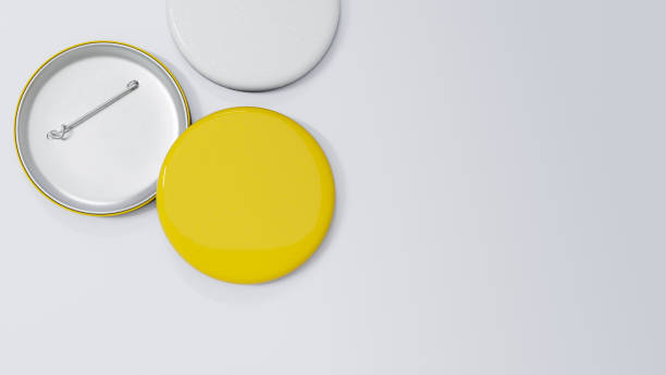 istock Yellow circle pin badge mockup and copy space on white background. 1472028886