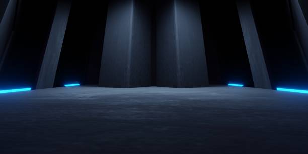 istock 3d rendering of blue neon glowing spaceship corridor hallway dark background. Scene for advertising, showroom, technology, future, modern, sport, game, metaverse. Sci Fi Illustration. Product display 1472029044