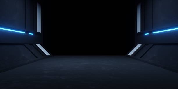 istock 3d rendering of blue neon glowing spaceship corridor hallway dark background. Scene for advertising, showroom, technology, future, modern, sport, game, metaverse. Sci Fi Illustration. Product display 1472029045