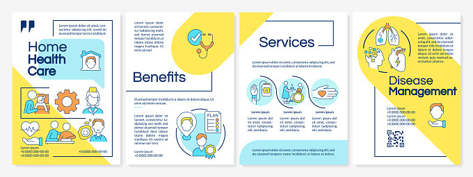 Home health care blue and yellow brochure template. Leaflet design with linear icons. Editable 4 vector layouts for presentation, annual reports. Questrial, Lato-Regular fonts used
