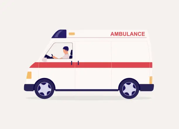 Vector illustration of Male Driver Driving Ambulance Van. Hospital Van. Medical Van.