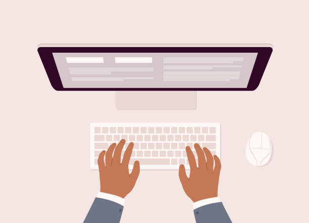 Black Male’s Hand Typing On Computer Keyboard. Top View Of Black Male’s Hand With Business Suit Typing On Computer Keyboard In Front Of Desktop Monitor. Isolated On Color Background. typing on computer keyboard stock illustrations