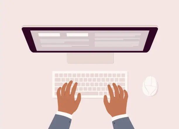 Vector illustration of Black Male’s Hand Typing On Computer Keyboard.