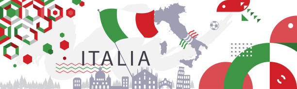 Italia banner design Italia banner design. Italia flag with geometric abstract design with green and red color. Background with Italy landmark element. Suitable for Italia National day banner background italie stock illustrations