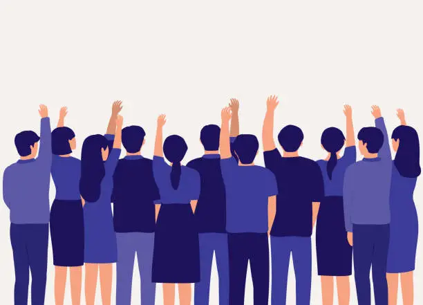 Vector illustration of Group Of People Raising Up Their Hands.