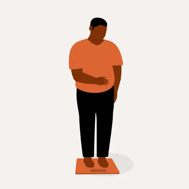 Vector illustration of Sad Overweight Black Man Standing On A Weighing Machine.