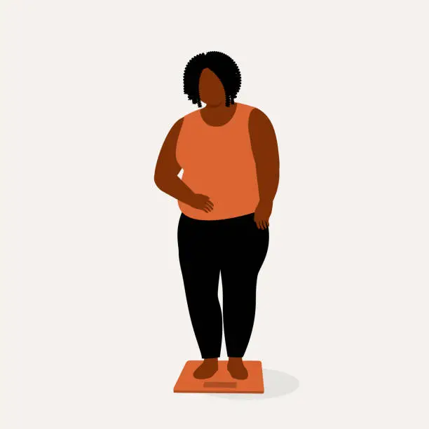 Vector illustration of Sad Overweight Black Woman Standing On A Weighing Machine.