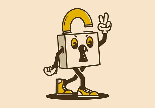 Mascot character design of walking padlock in vintage color