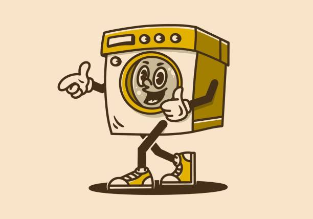 ilustraciones, imágenes clip art, dibujos animados e iconos de stock de diseño de personaje de mascota de una lavadora - chistes de lavandería