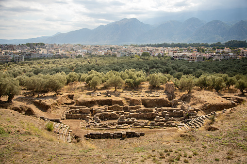 Remains of ancient Sparta in foreground and modern city in the background. Located on Peloponnese peninsula, south Greece
