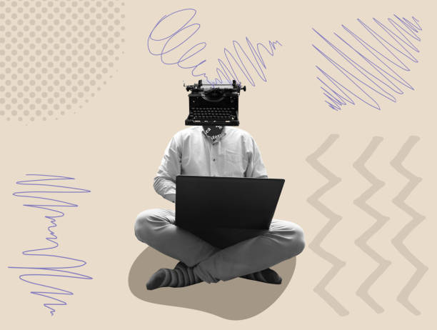 Abstract collage with unrecognize man and typewriter. Creative storytelling and blogging concept.